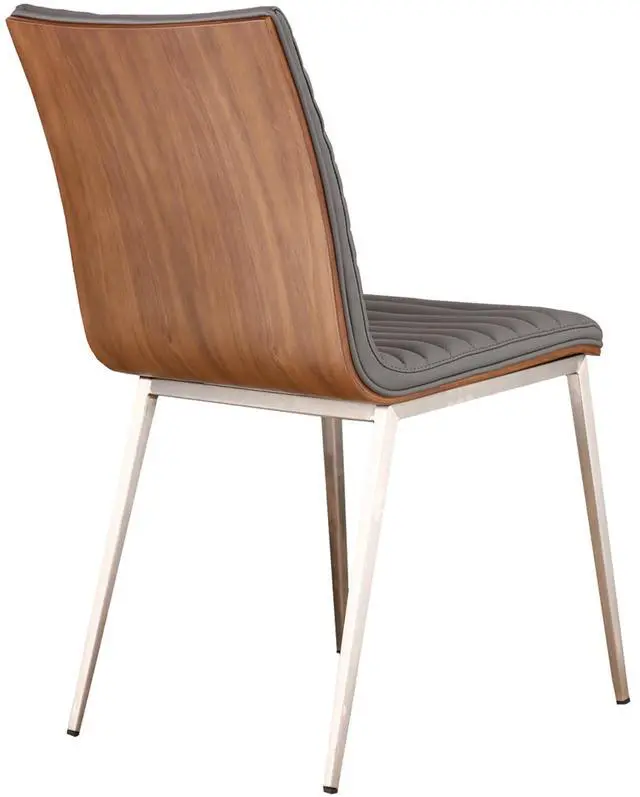 Alt view image 3 of 6 - Caf Brushed Stainless Steel Dining Chair in Gray Faux Leather with Walnut Back - Set of 2