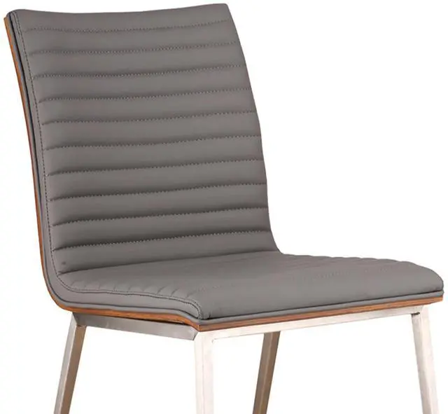 Alt view image 4 of 6 - Caf Brushed Stainless Steel Dining Chair in Gray Faux Leather with Walnut Back - Set of 2