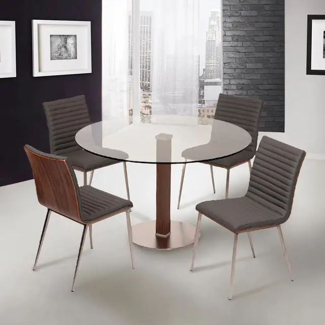 Alt view image 6 of 6 - Caf Brushed Stainless Steel Dining Chair in Gray Faux Leather with Walnut Back - Set of 2