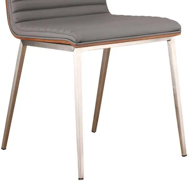 Alt view image 5 of 6 - Caf Brushed Stainless Steel Dining Chair in Gray Faux Leather with Walnut Back - Set of 2