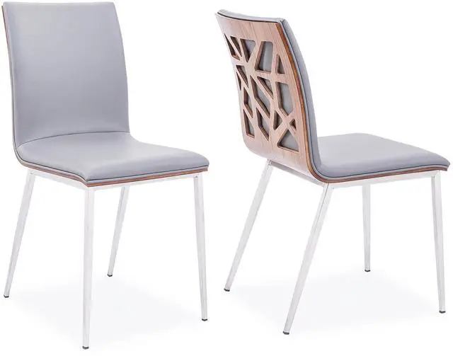 Main image of Crystal Dining Chair in Brushed Stainless Steel finish with Gray Faux Leather and Walnut Back - Set of 2
