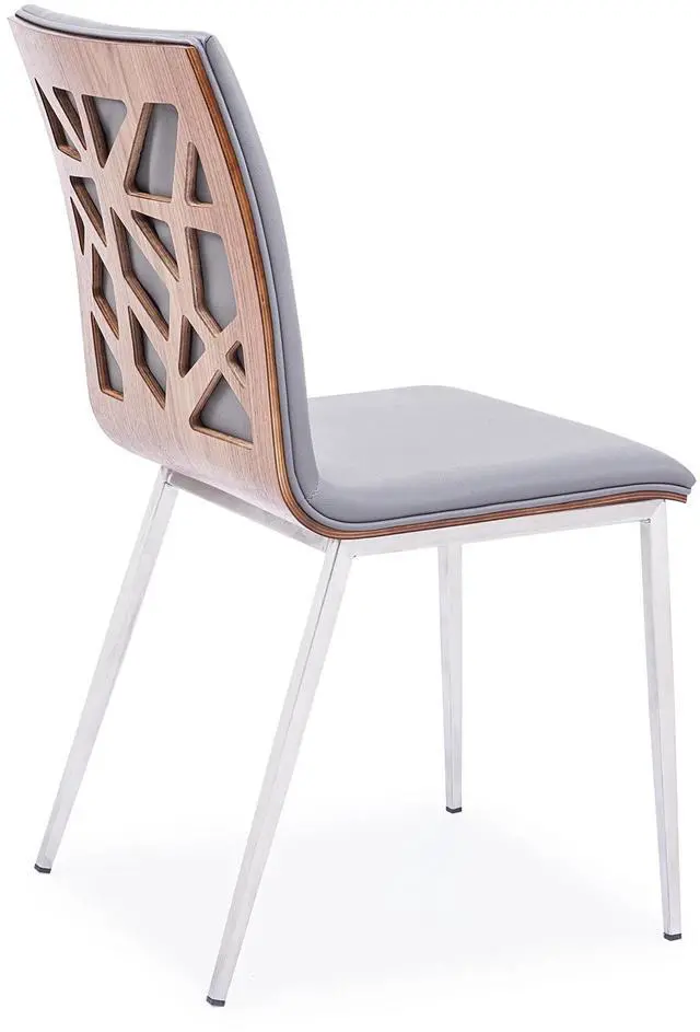 Alt view image 3 of 5 - Crystal Dining Chair in Brushed Stainless Steel finish with Gray Faux Leather and Walnut Back - Set of 2