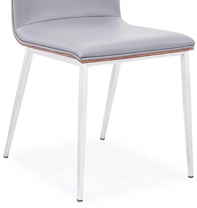 Alt view image 5 of 5 - Crystal Dining Chair in Brushed Stainless Steel finish with Gray Faux Leather and Walnut Back - Set of 2