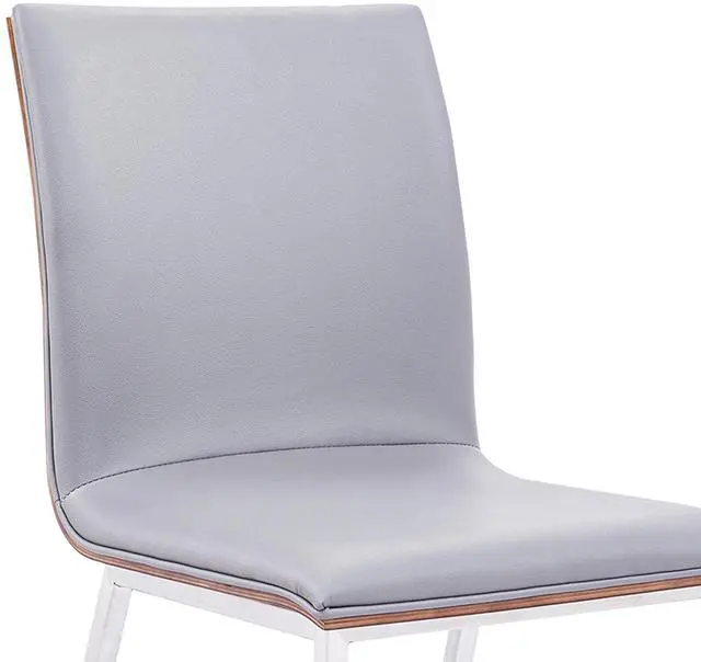Alt view image 4 of 5 - Crystal Dining Chair in Brushed Stainless Steel finish with Gray Faux Leather and Walnut Back - Set of 2