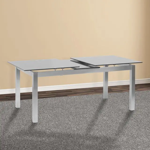 Alt view image 2 of 7 - Ivan Extension Dining Table in Brushed Stainless Steel and Gray Tempered Glass Top