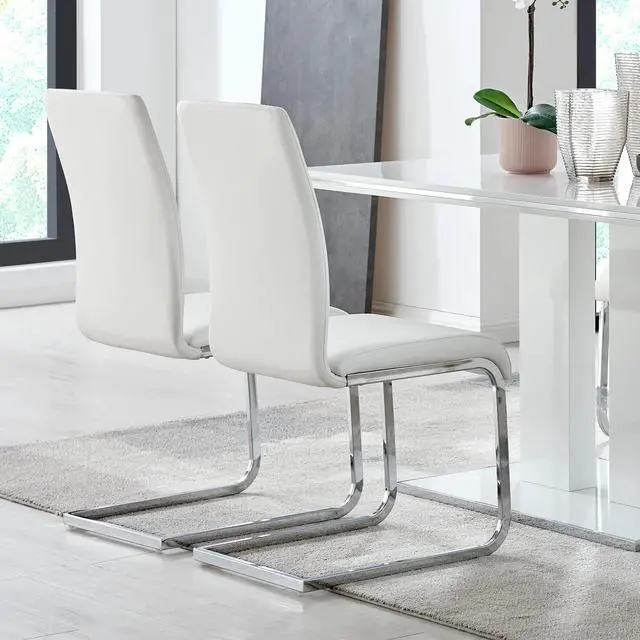 Alt view image 2 of 7 - Amanda Contemporary Side Chair in White Faux Leather and Chrome Finish - Set of 2