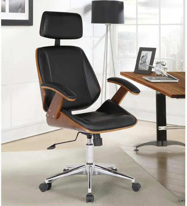 Alt view image 2 of 5 - Century Office Chair with Multifunctional Mechanism in Chrome finish with Black Faux Leather and Walnut Veneer Back