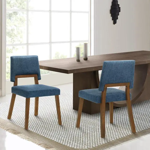 Alt view image 2 of 7 - Channell Wood Dining Chair in Walnut Finish with Blue Fabric - Set of 2