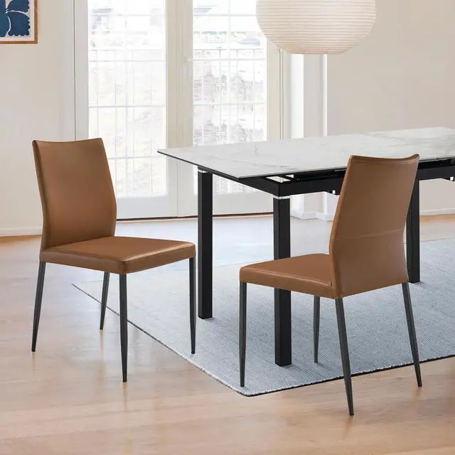 Alt view image 2 of 7 - Kash Upholstered Dining Chair in Brown Faux Leather with Black Metal Legs - Set of 2