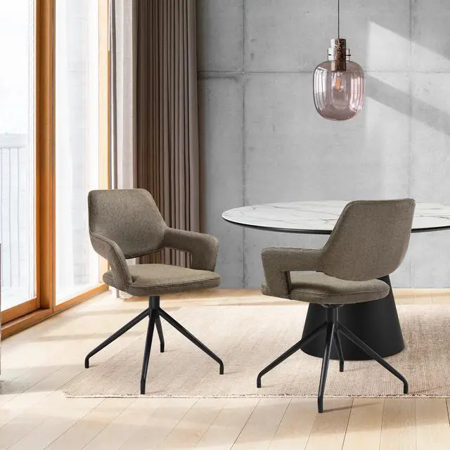 Alt view image 2 of 7 - Penny Swivel Upholstered Dining Chair in Brown Fabric with Black Metal Legs - Set of 2