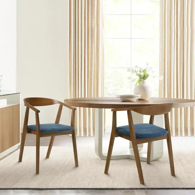 Alt view image 2 of 7 - Santana Wood Dining Chair in Walnut Finish with Blue Fabric - Set of 2