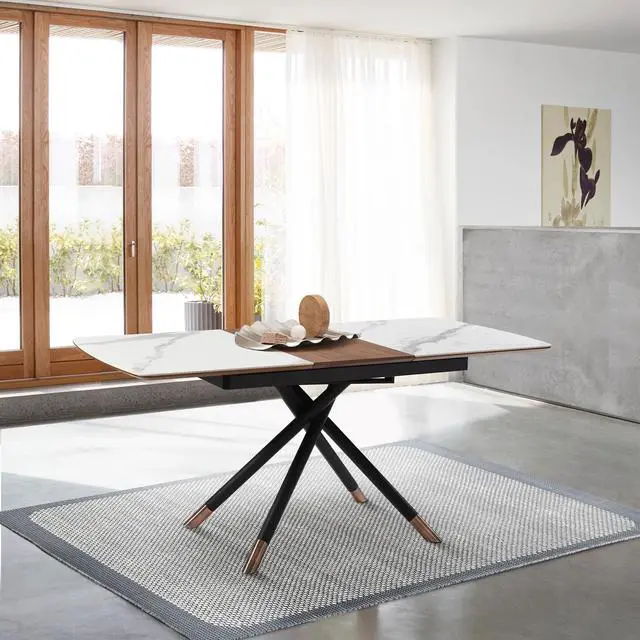 Alt view image 2 of 7 - Alora Extendable Dining Table with Light Gray Ceramic and Wood Top and Metal Legs