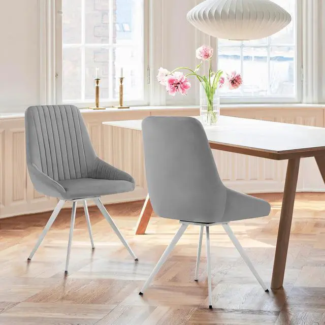 Alt view image 2 of 7 - Skye Swivel Gray Velvet and Brushed Stainless Steel Dining Room Chairs - Set of 2