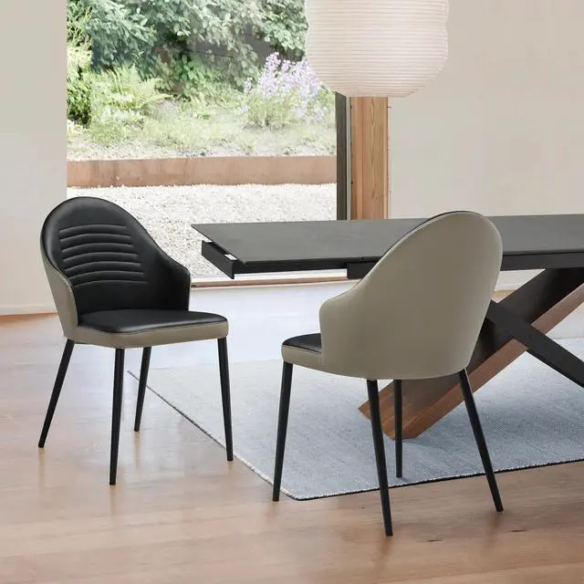 Alt view image 2 of 7 - Rocco Upholstered Dining Chair in Taupe Gray and Black Faux Leather with Black Metal Legs - Set of 2