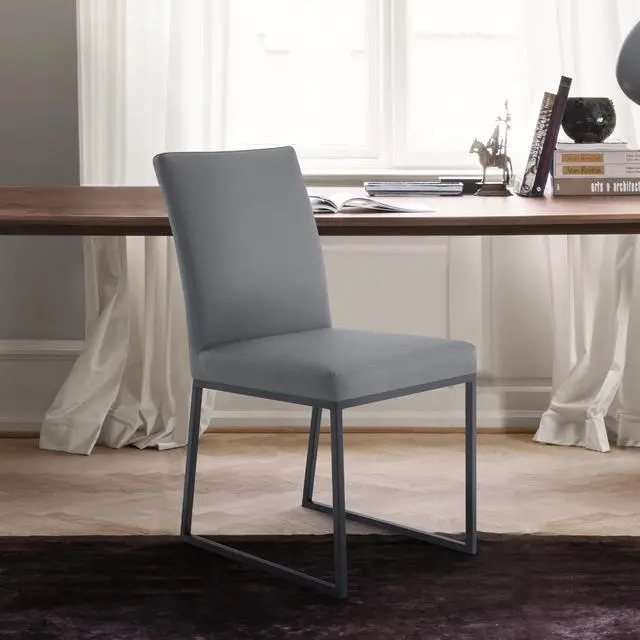 Alt view image 2 of 7 - Trevor Contemporary Dining Chair in Matte Black Finish and Gray Faux Leather - Set of 2