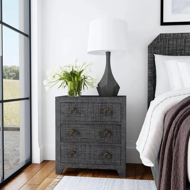 Alt view image 2 of 7 - Bar Harbor Charcoal Raffia 3 Drawer Nightstand in Charcoal 5667420