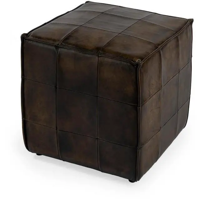 Main image of Leon Leather Cube Ottoman in Dark Brown 5561117