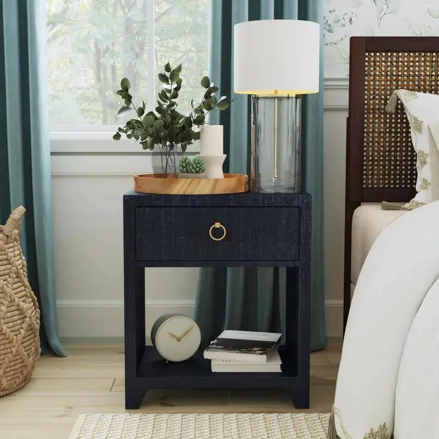 Alt view image 2 of 7 - Bar Harbor Raffia 1 Drawer Nightstand in Navy Blue 5669410