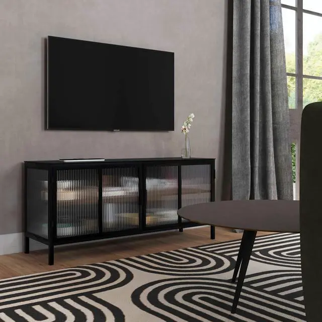 Alt view image 3 of 3 - Hoxton Ribbed Glass 2- Door TV Stand in Black 5703025