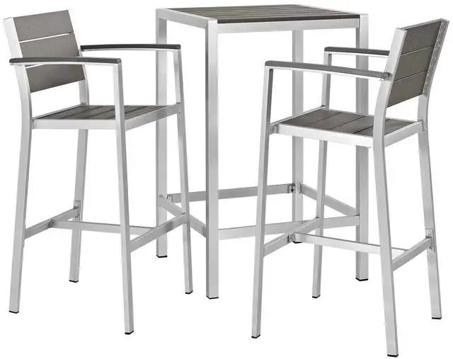 Main image of Shore 3 Piece Outdoor Patio Aluminum Pub Set Silver Gray EEI-3157-SLV-GRY-SET