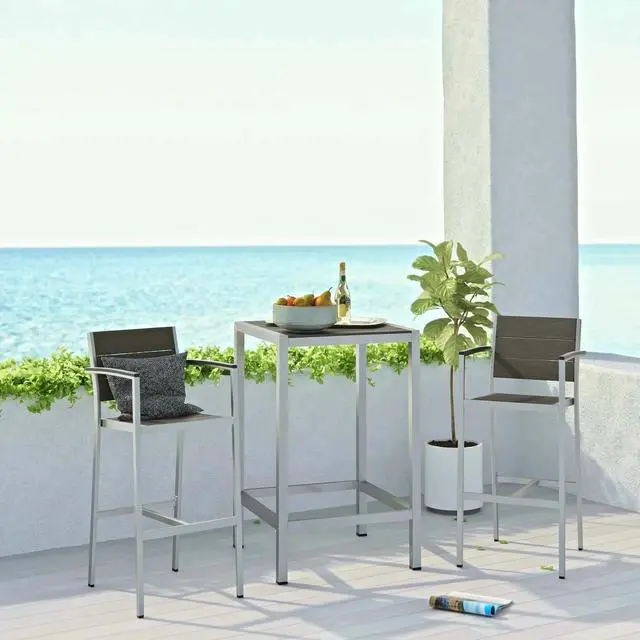 Alt view image 7 of 7 - Shore 3 Piece Outdoor Patio Aluminum Pub Set Silver Gray EEI-3157-SLV-GRY-SET