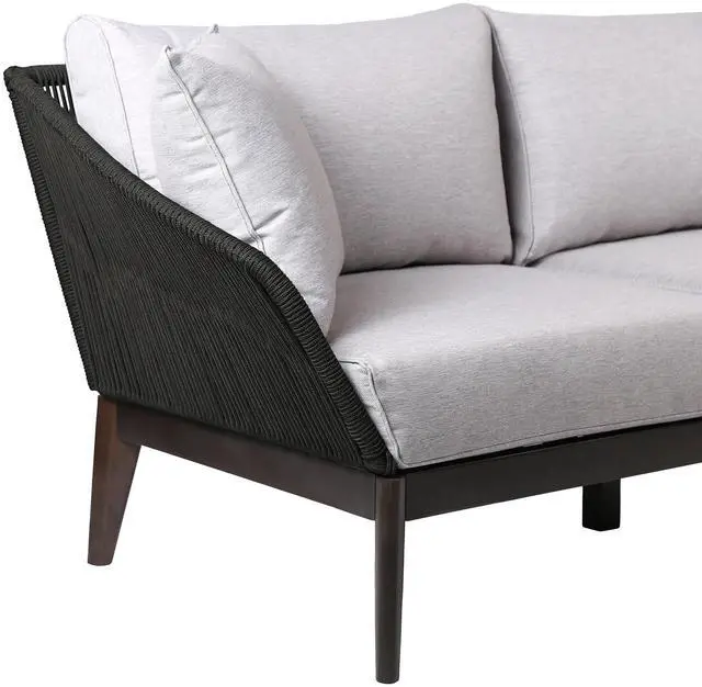 Alt view image 3 of 7 - Athos Indoor Outdoor 3 Seater Sofa in Dark Eucalyptus Wood with Charcoal Rope and Gray Cushions