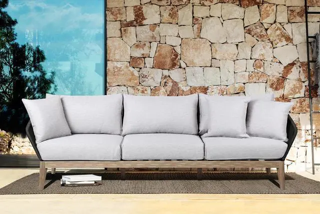 Alt view image 7 of 7 - Athos Indoor Outdoor 3 Seater Sofa in Light Eucalyptus Wood with Charcoal Rope and Gray Cushions