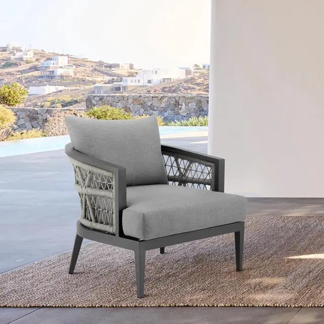 Alt view image 2 of 7 - Zella Outdoor Patio Armchair in Aluminum with Light Gray Rope and Earl Gray Cushions