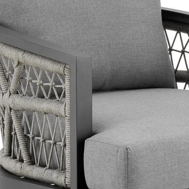 Alt view image 7 of 7 - Zella Outdoor Patio Armchair in Aluminum with Light Gray Rope and Earl Gray Cushions
