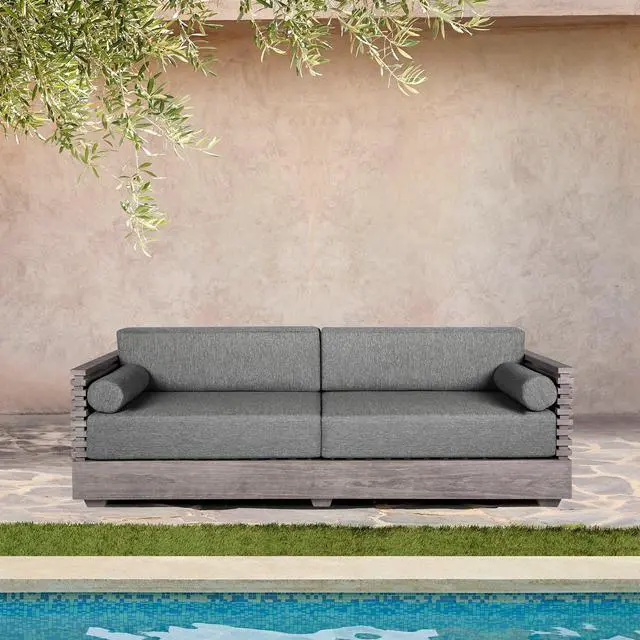 Alt view image 2 of 7 - Vivid Outdoor Patio Sofa in Gray Eucalyptus Wood with Gray Olefin Cushions