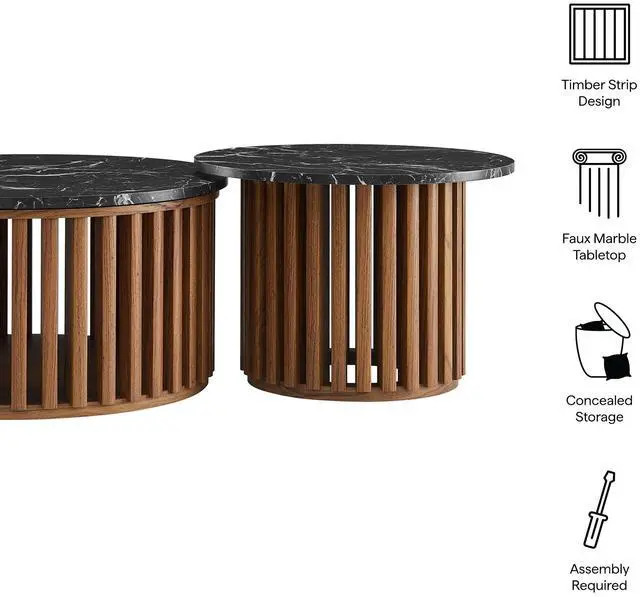 Alt view image 2 of 7 - Fortitude Round Faux Marble Top Nesting Coffee Table Set by Modway EEI-7345-WAL-BLK