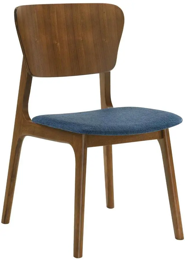 Alt view image 3 of 7 - Kalia Wood Dining Chair in Walnut Finish with Blue Fabric - Set of 2