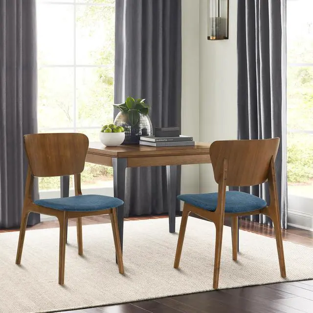 Alt view image 2 of 7 - Kalia Wood Dining Chair in Walnut Finish with Blue Fabric - Set of 2