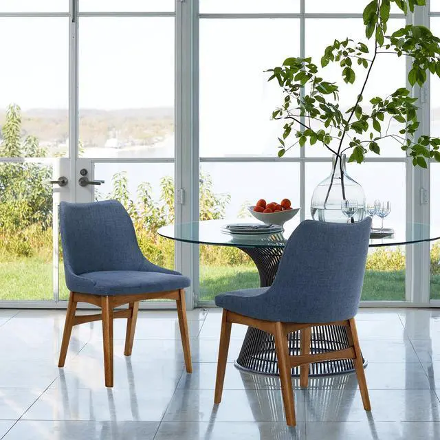 Alt view image 2 of 7 - Azalea Blue Fabric and Walnut Wood Dining Side Chairs - Set of 2