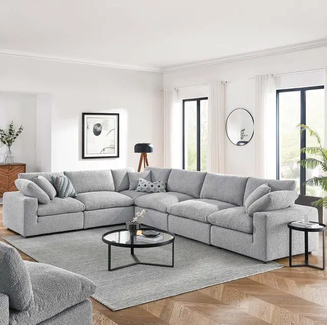 Alt view image 5 of 5 - Commix Down Filled Overstuffed Boucle Fabric 6-Piece Sectional Sofa Light Gray EEI-6369-LGR