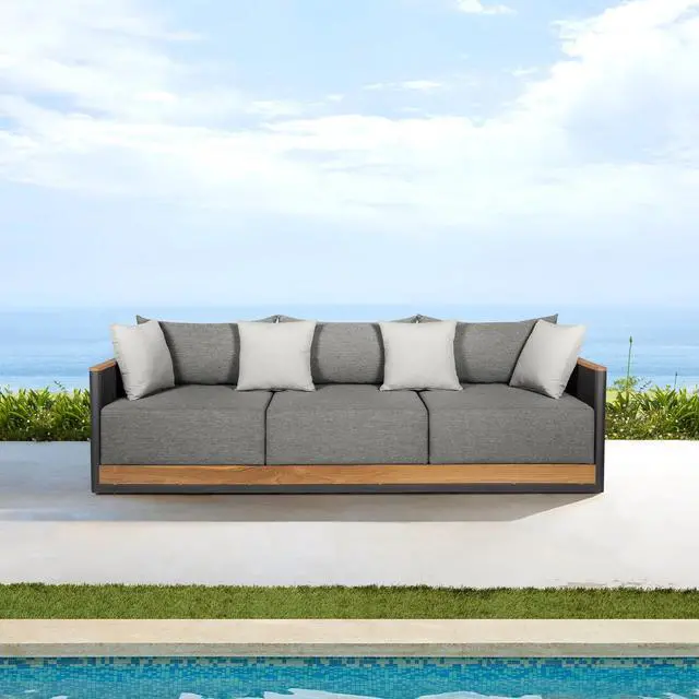 Alt view image 2 of 7 - Artesia Outdoor Patio Sofa in Teak Wood and Black Rope with Dark Gray Olefin Cushions