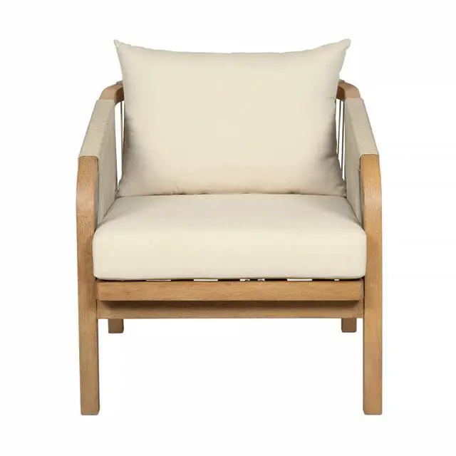Alt view image 3 of 7 - Cypress Outdoor Patio Chair in Blonde Eucalyptus Wood and Light Gray Rope with Ivory Olefin Cushions