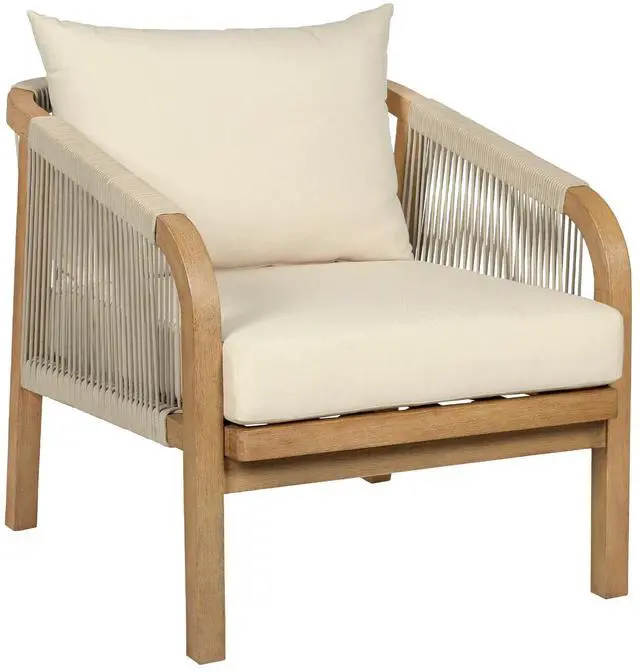 Main image of Cypress Outdoor Patio Chair in Blonde Eucalyptus Wood and Light Gray Rope with Ivory Olefin Cushions