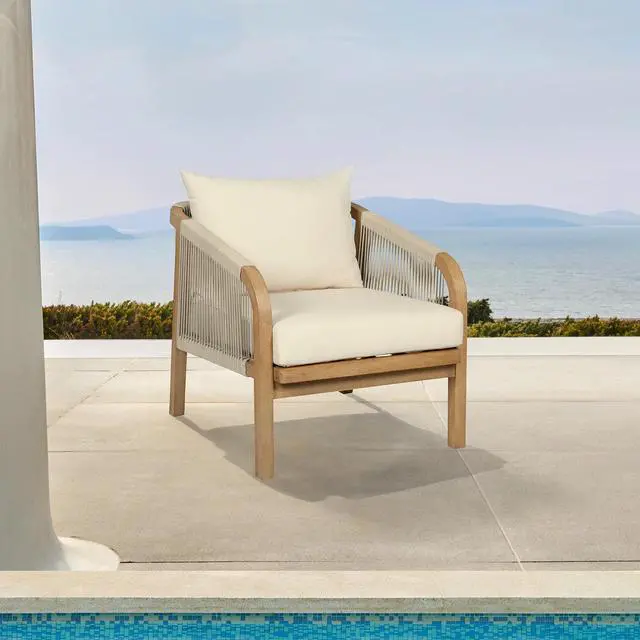 Alt view image 2 of 7 - Cypress Outdoor Patio Chair in Blonde Eucalyptus Wood and Light Gray Rope with Ivory Olefin Cushions