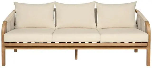 Main image of Cypress Outdoor Patio Sofa in Blonde Eucalyptus Wood and Light Gray Rope with Ivory Olefin Cushions