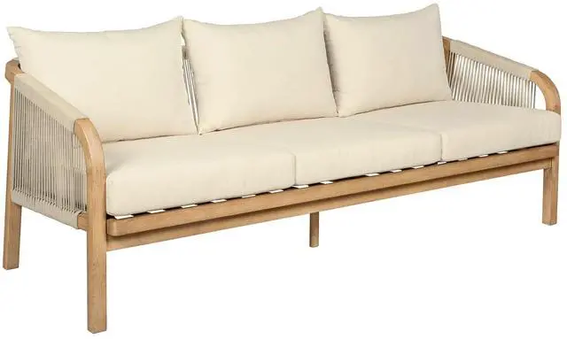 Alt view image 3 of 7 - Cypress Outdoor Patio Sofa in Blonde Eucalyptus Wood and Light Gray Rope with Ivory Olefin Cushions