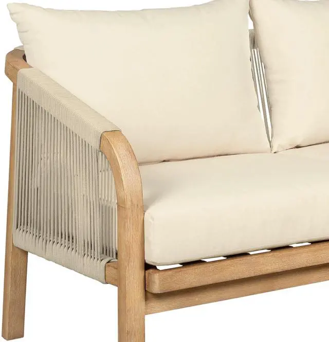 Alt view image 6 of 7 - Cypress Outdoor Patio Sofa in Blonde Eucalyptus Wood and Light Gray Rope with Ivory Olefin Cushions