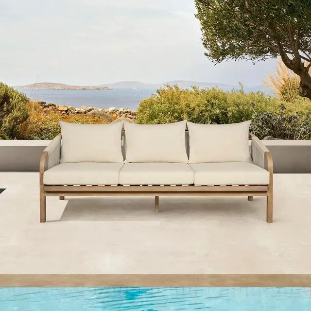 Alt view image 2 of 7 - Cypress Outdoor Patio Sofa in Blonde Eucalyptus Wood and Light Gray Rope with Ivory Olefin Cushions