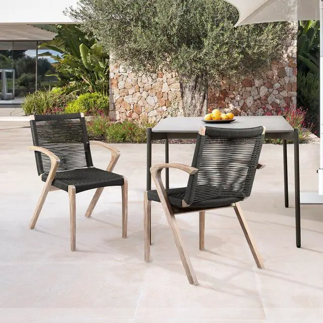 Alt view image 2 of 7 - Nabila Outdoor Light Eucalyptus Wood and Charcoal Rope Dining Chairs - Set of 2