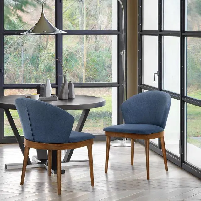 Alt view image 2 of 7 - Juno Blue Fabric and Walnut Wood Dining Side Chairs - Set of 2