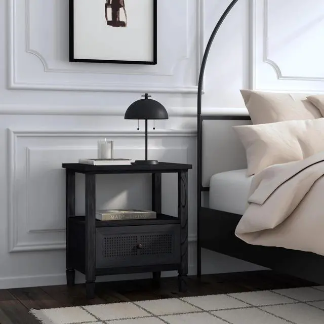 Alt view image 2 of 7 - Flagstaff 1-Drawer Cane Nightstand in Black 5727432