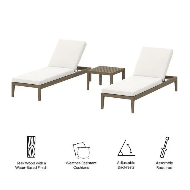 Alt view image 2 of 7 - Northlake 3-Piece Outdoor Patio Teak Wood Furniture Set with Chaise Lounges and Side Table by Modway