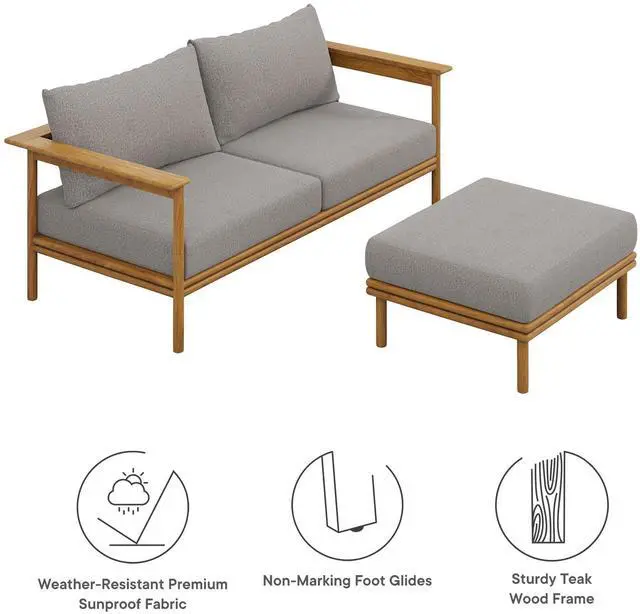 Alt view image 2 of 7 - Wren 2-Piece Outdoor Patio Teak Wood Sofa and Ottoman Set by Modway
