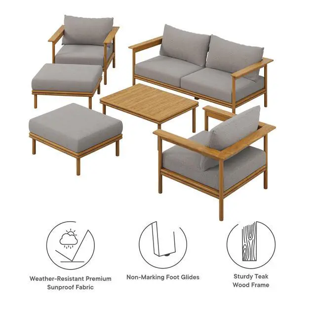 Alt view image 2 of 7 - Wren 6-Piece Outdoor Patio Teak Wood Furniture Set by Modway