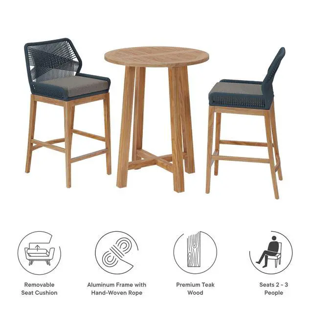 Alt view image 4 of 7 - Wellspring 3-Piece Outdoor Patio Teak Wood Bar Set by Modway